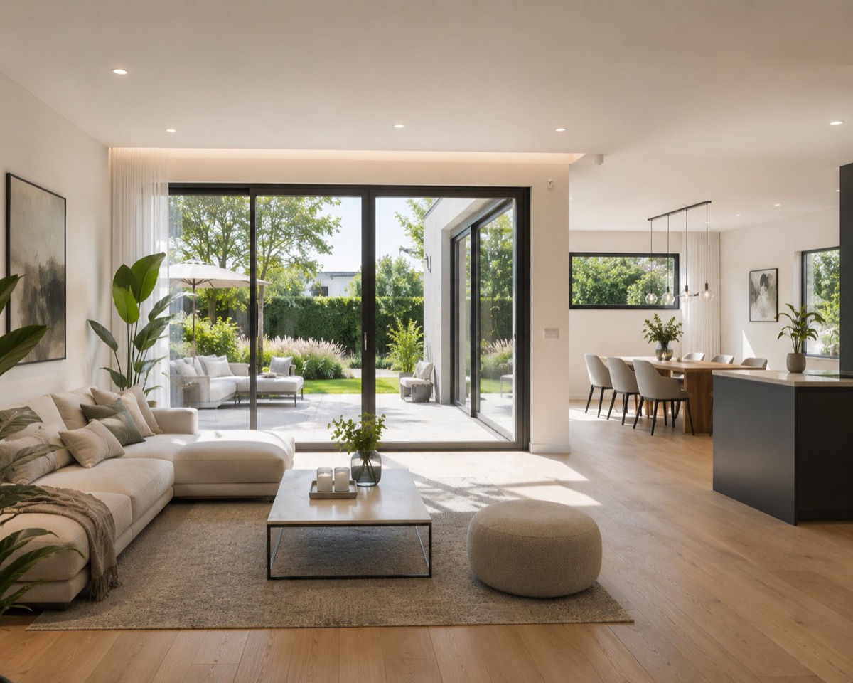 Helles Wohnzimmer einer Neubauwohnung
